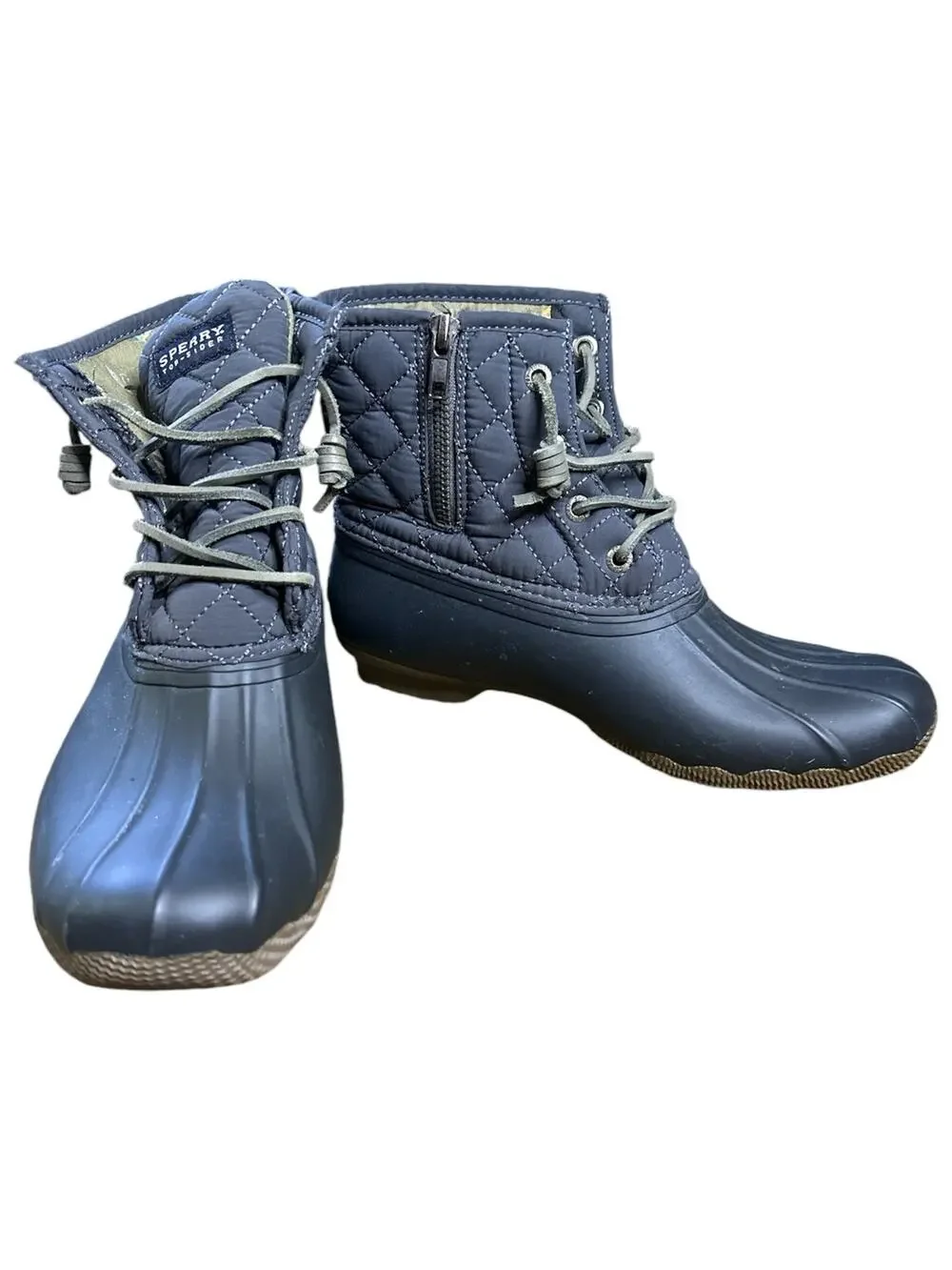 Women’s Sperry Top Sider Black/Grey Lace Up Duck Waterproof Rubber Boots Size 8